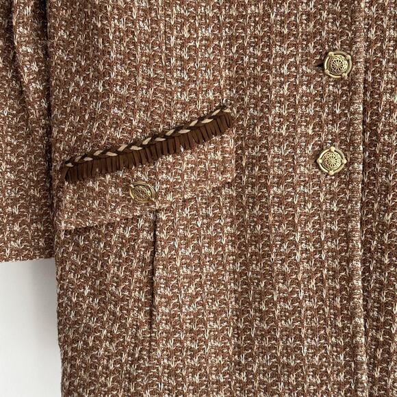 St John Tweed Blazer Jacket 12 Brown Textured Knit Gold Button Fringe Jacket - Picture 5 of 11
